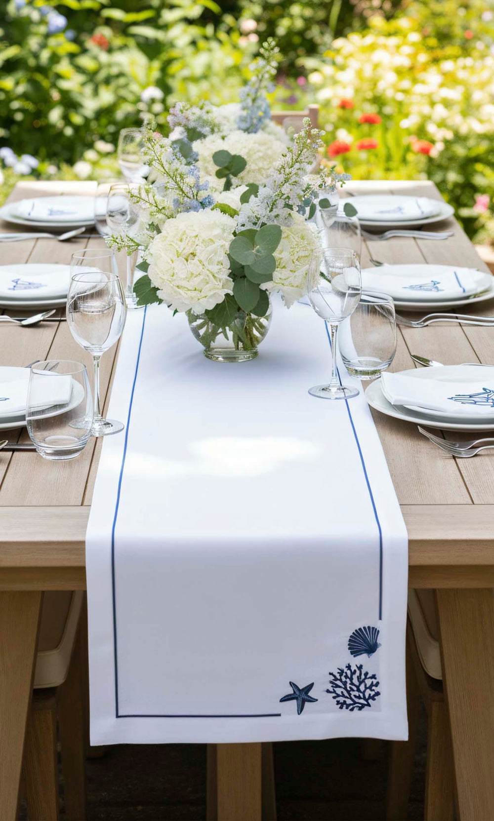 Marine Patterned White Background Embroidered Runner, 45x145 cm