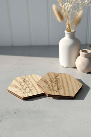 Wooden Hexagonal Chestnut Wood 2-Piece Coaster Set