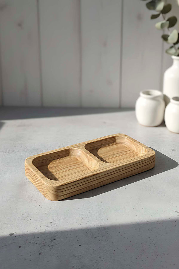 Wooden 2-Compartment Chestnut Serving Bowl, Snack Bowl