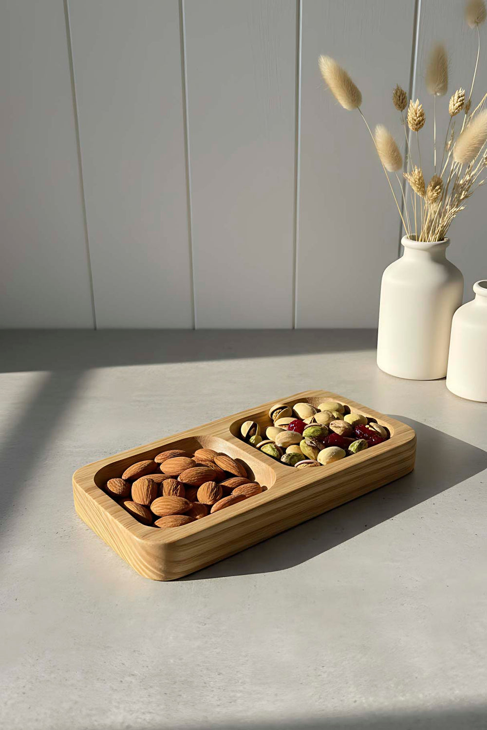 Wooden 2-Compartment Chestnut Serving Bowl, Snack Bowl