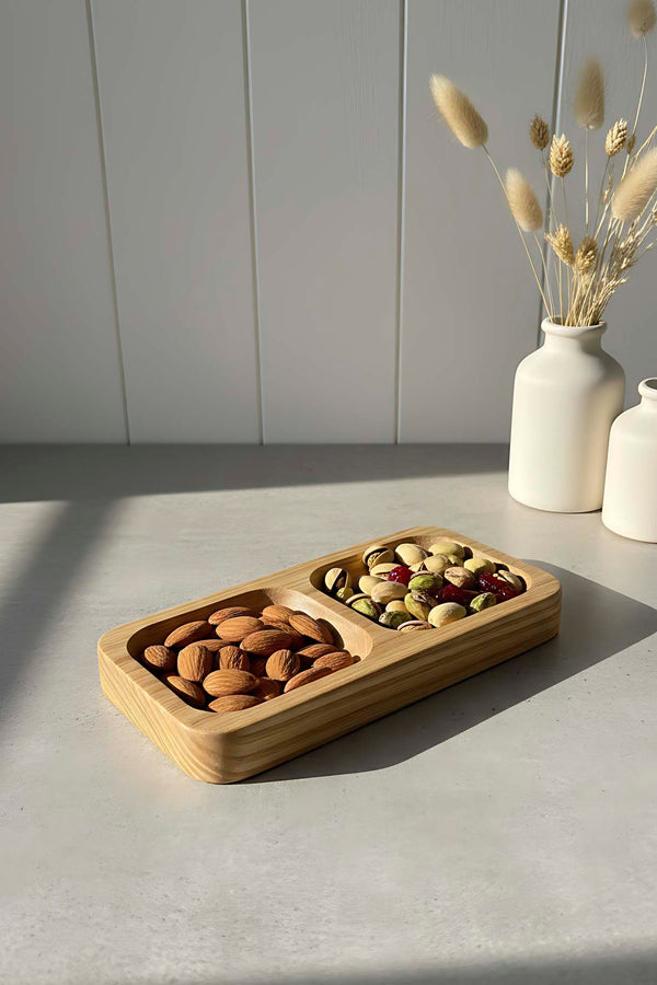 Wooden 2-Compartment Chestnut Serving Bowl, Snack Bowl