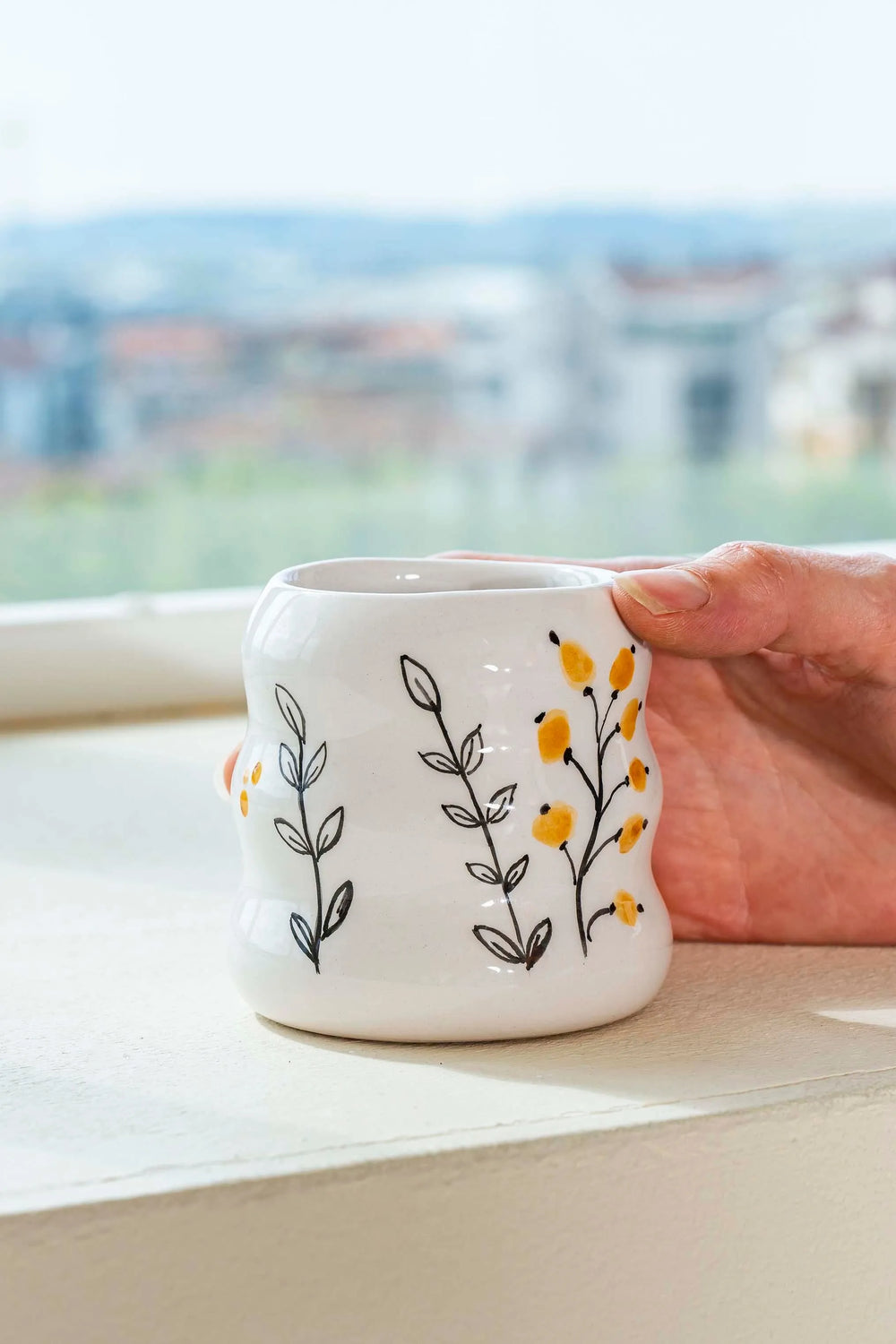 Yellow Flowers Amore Handmade Ceramic Double Coffee Mug Cup