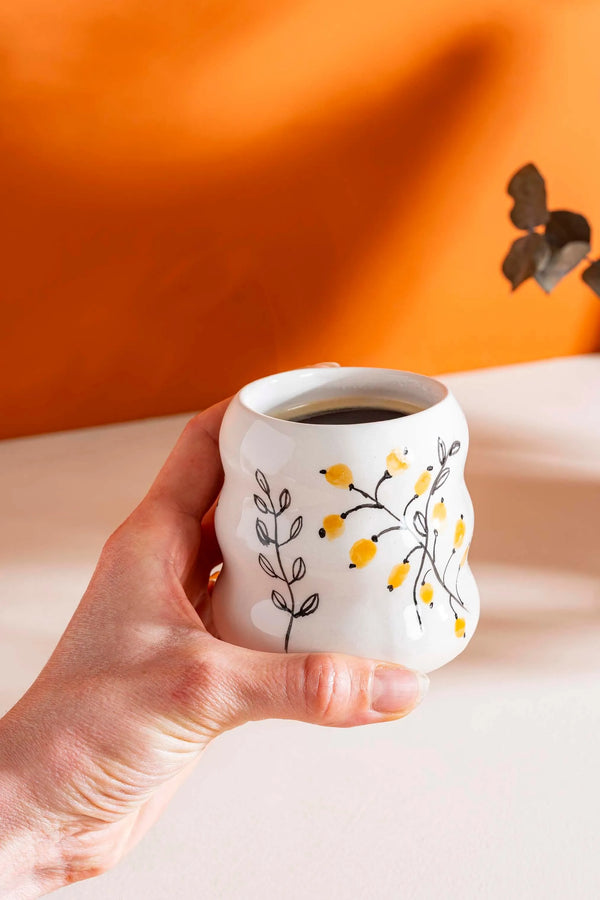 Yellow Flowers Amore Handmade Ceramic Double Coffee Mug Cup