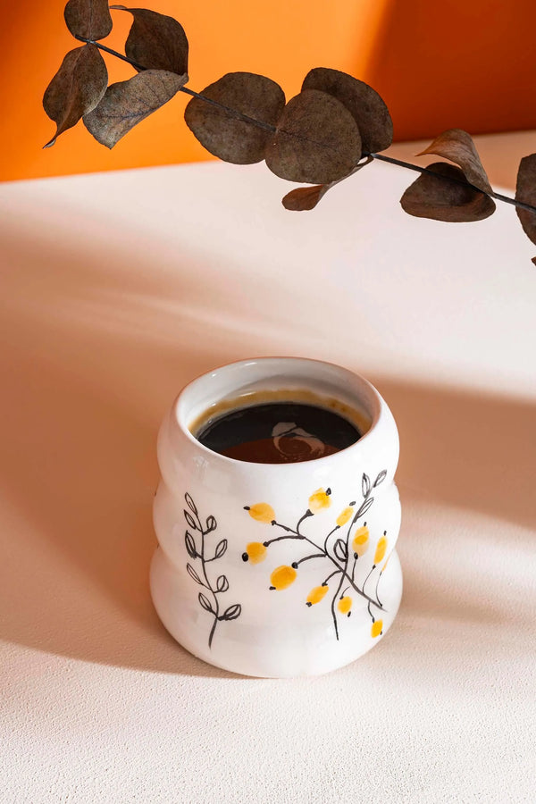 Yellow Flowers Amore Handmade Ceramic Double Coffee Mug Cup