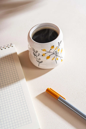 Yellow Flowers Amore Handmade Ceramic Double Coffee Mug Cup