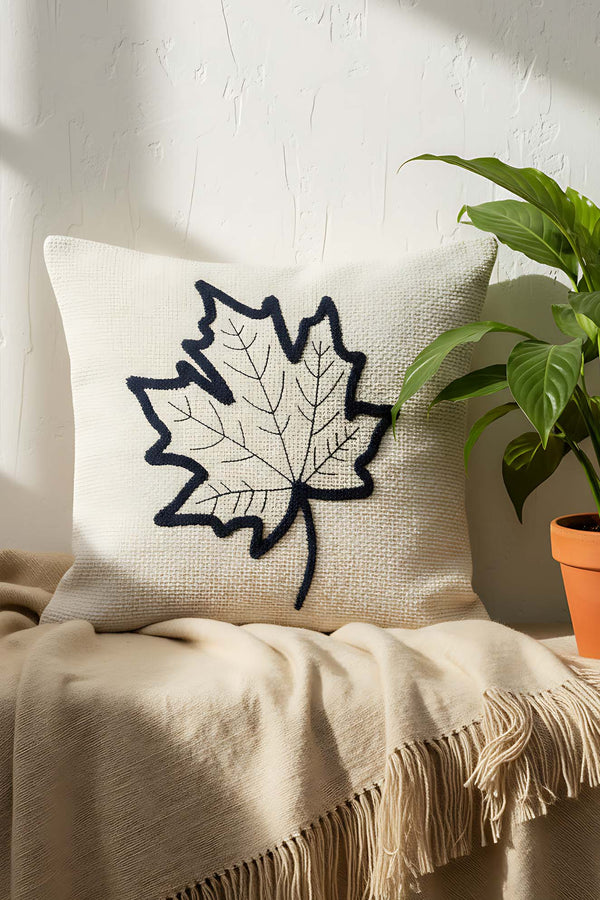 Black Leaf Pattern Woven Straw-Look Punch Cushion Cover