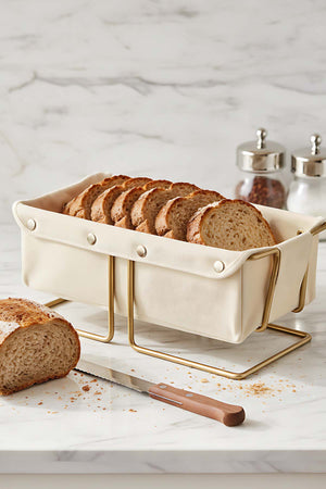 Gold Rectangular Bread Basket with Removable Beige Canvas Fabric