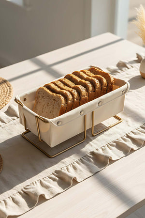 Gold Rectangular Bread Basket with Removable Beige Canvas Fabric