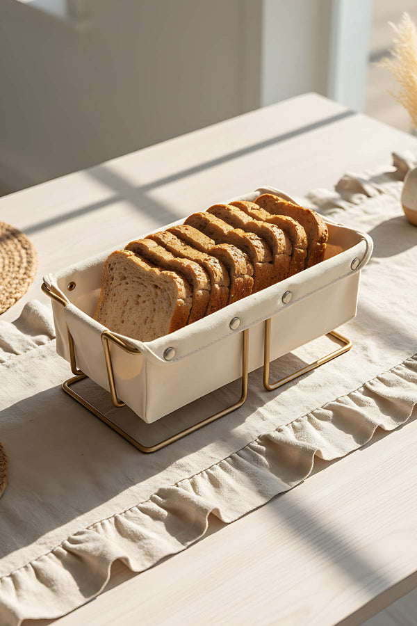 Gold Rectangular Bread Basket with Removable Beige Canvas Fabric