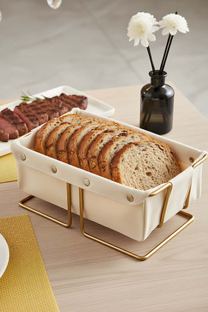 Gold Rectangular Bread Basket with Removable Beige Canvas Fabric