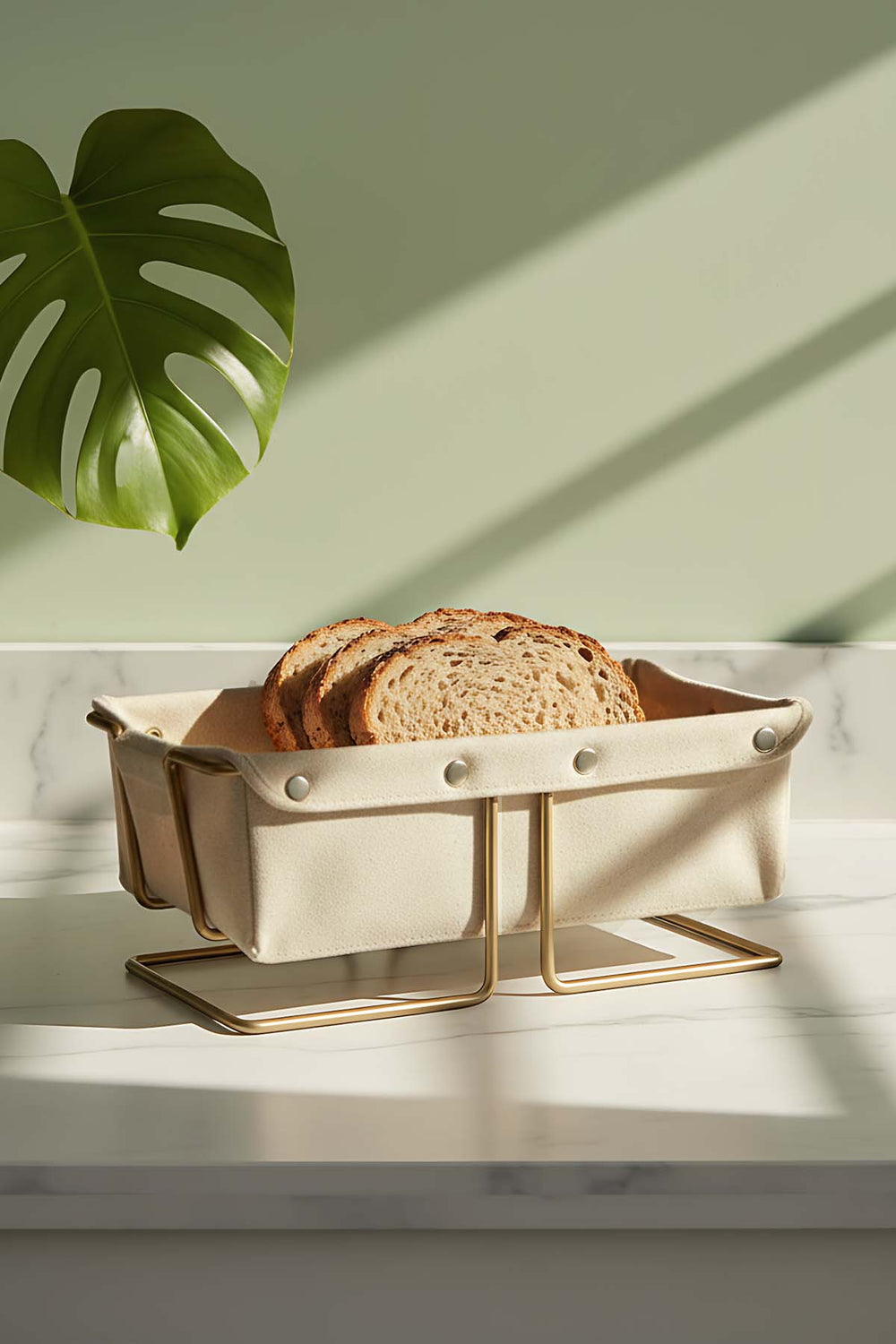 Gold Rectangular Bread Basket with Removable Beige Canvas Fabric