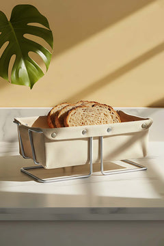 Silver Rectangular Bread Basket with Removable Beige Canvas Fabric