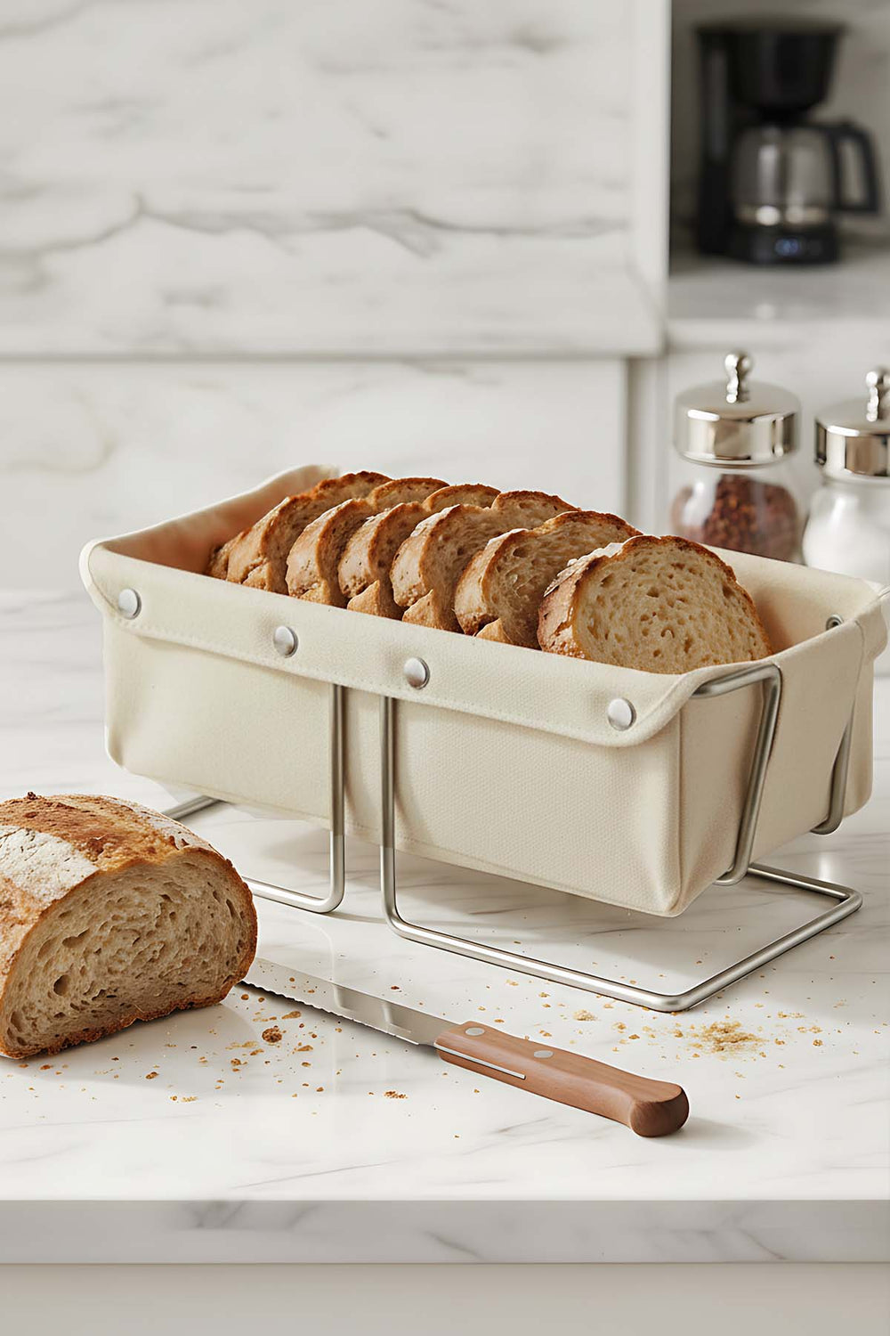 Silver Rectangular Bread Basket with Removable Beige Canvas Fabric