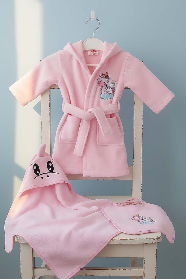 Unicorn Pink 100% Cotton Baby Bath Set – 3 Piece Hooded Robe, Swaddle & Bib
