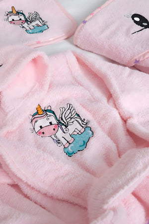 Unicorn Pink 100% Cotton Baby Bath Set – 3 Piece Hooded Robe, Swaddle & Bib