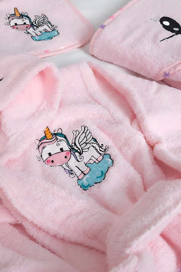 Unicorn Pink 100% Cotton Baby Bath Set – 3 Piece Hooded Robe, Swaddle & Bib