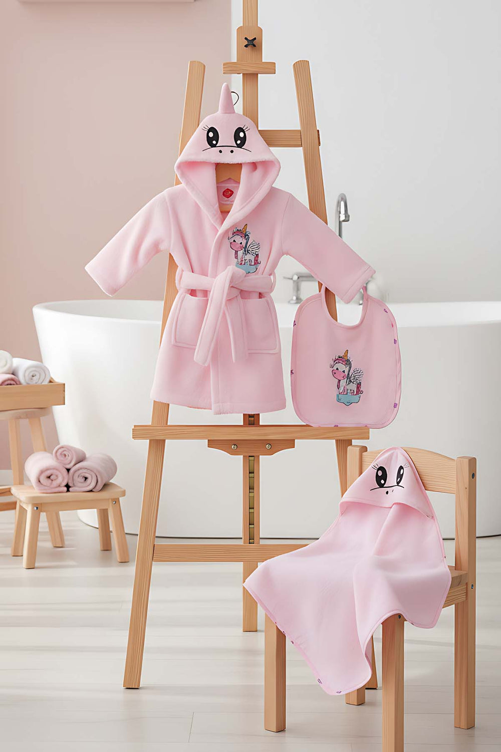 Unicorn Pink 100% Cotton Baby Bath Set – 3 Piece Hooded Robe, Swaddle & Bib