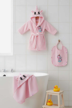 Unicorn Pink 100% Cotton Baby Bath Set – 3 Piece Hooded Robe, Swaddle & Bib