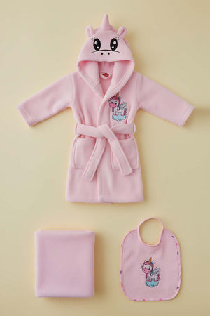 Unicorn Pink 100% Cotton Baby Bath Set – 3 Piece Hooded Robe, Swaddle & Bib