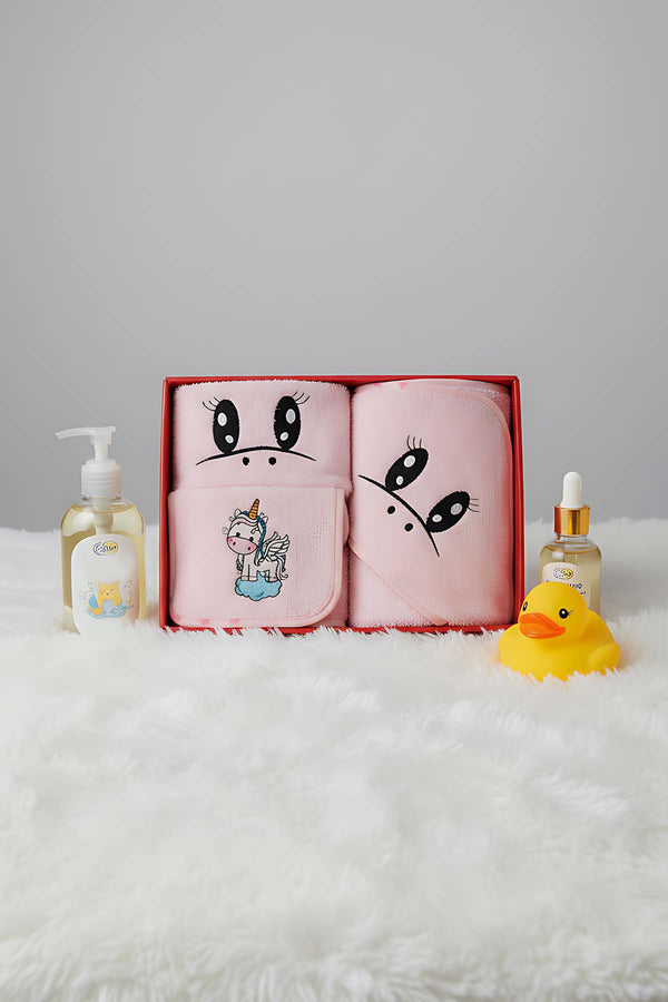 Unicorn Pink 100% Cotton Baby Bath Set – 3 Piece Hooded Robe, Swaddle & Bib