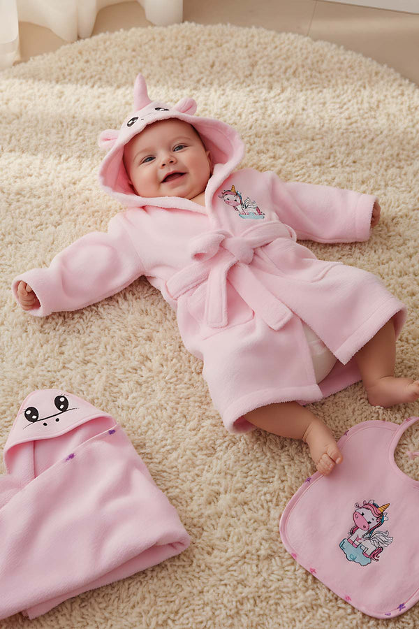 Unicorn Pink 100% Cotton Baby Bath Set – 3 Piece Hooded Robe, Swaddle & Bib