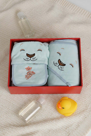 Lion Mint 100% Cotton Baby Bath Set – 3 Piece Hooded Robe, Swaddle & Bib