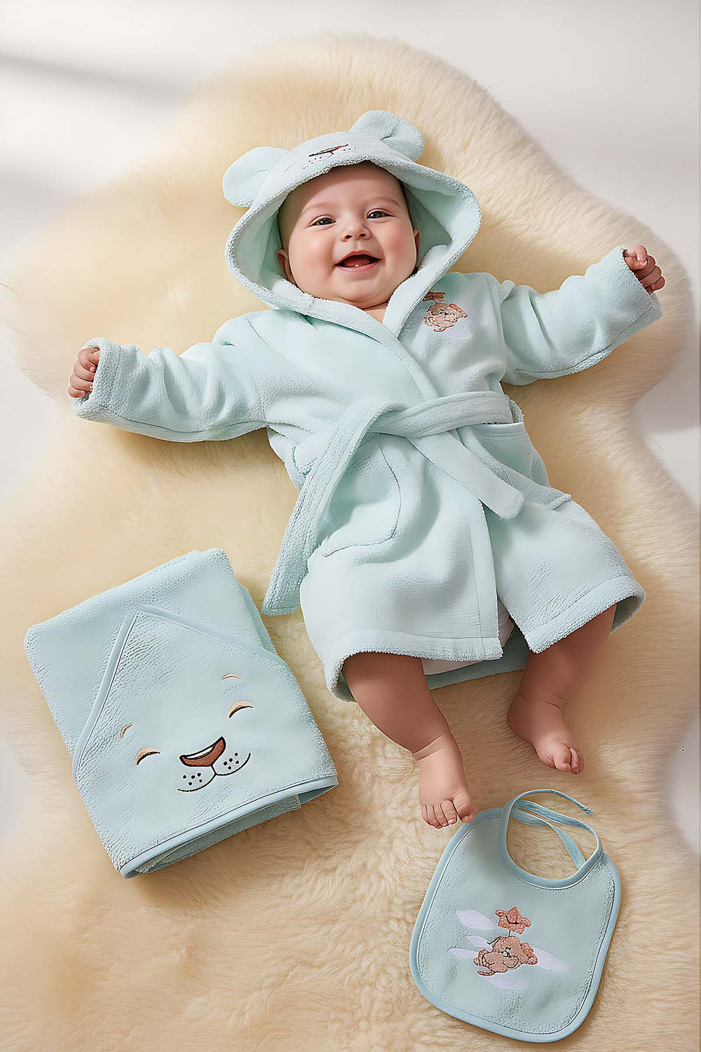 Lion Mint 100% Cotton Baby Bath Set – 3 Piece Hooded Robe, Swaddle & Bib