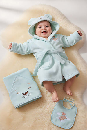 Lion Mint 100% Cotton Baby Bath Set – 3 Piece Hooded Robe, Swaddle & Bib