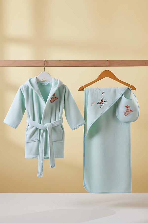 Lion Mint 100% Cotton Baby Bath Set – 3 Piece Hooded Robe, Swaddle & Bib