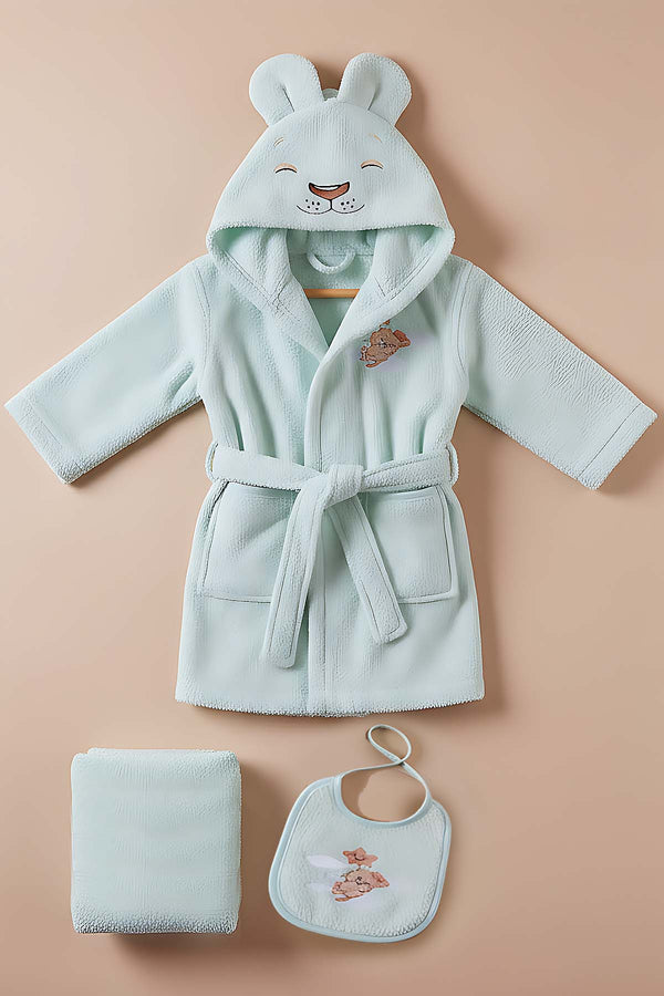 Lion Mint 100% Cotton Baby Bath Set – 3 Piece Hooded Robe, Swaddle & Bib