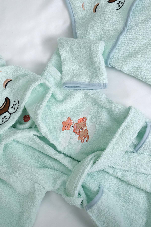 Lion Mint 100% Cotton Baby Bath Set – 3 Piece Hooded Robe, Swaddle & Bib