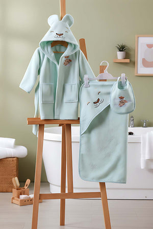 Lion Mint 100% Cotton Baby Bath Set – 3 Piece Hooded Robe, Swaddle & Bib