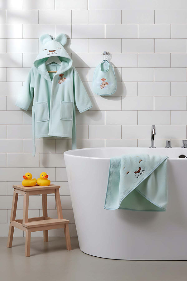 Lion Mint 100% Cotton Baby Bath Set – 3 Piece Hooded Robe, Swaddle & Bib