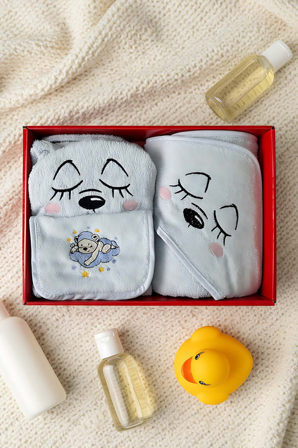Bear Blue 100% Cotton Baby Bath Set – 3 Piece Hooded Robe, Swaddle & Bib