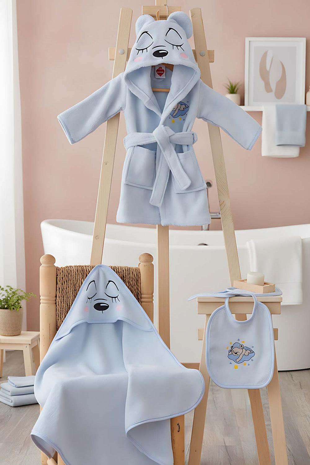 Bear Blue 100% Cotton Baby Bath Set – 3 Piece Hooded Robe, Swaddle & Bib