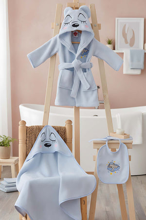 Bear Blue 100% Cotton Baby Bath Set – 3 Piece Hooded Robe, Swaddle & Bib