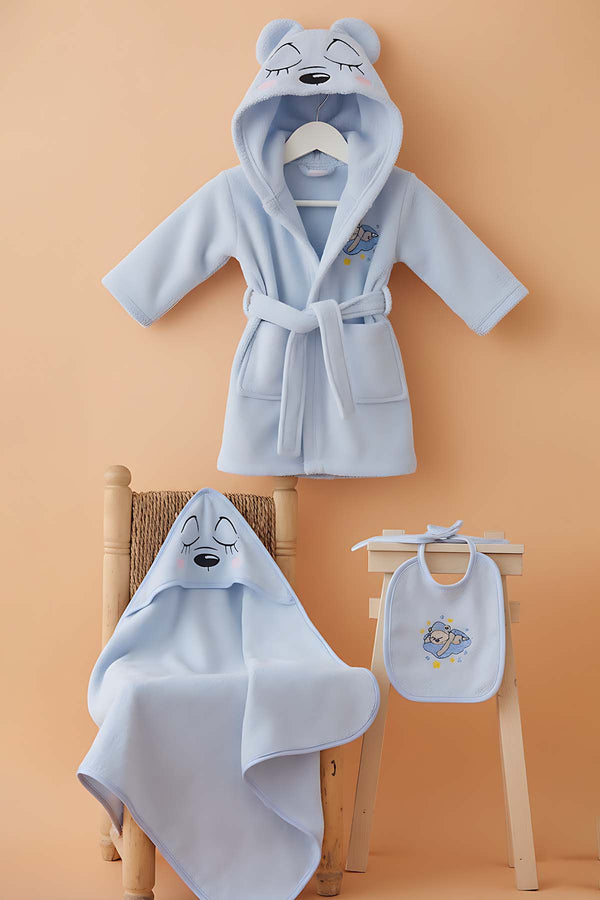 Bear Blue 100% Cotton Baby Bath Set – 3 Piece Hooded Robe, Swaddle & Bib