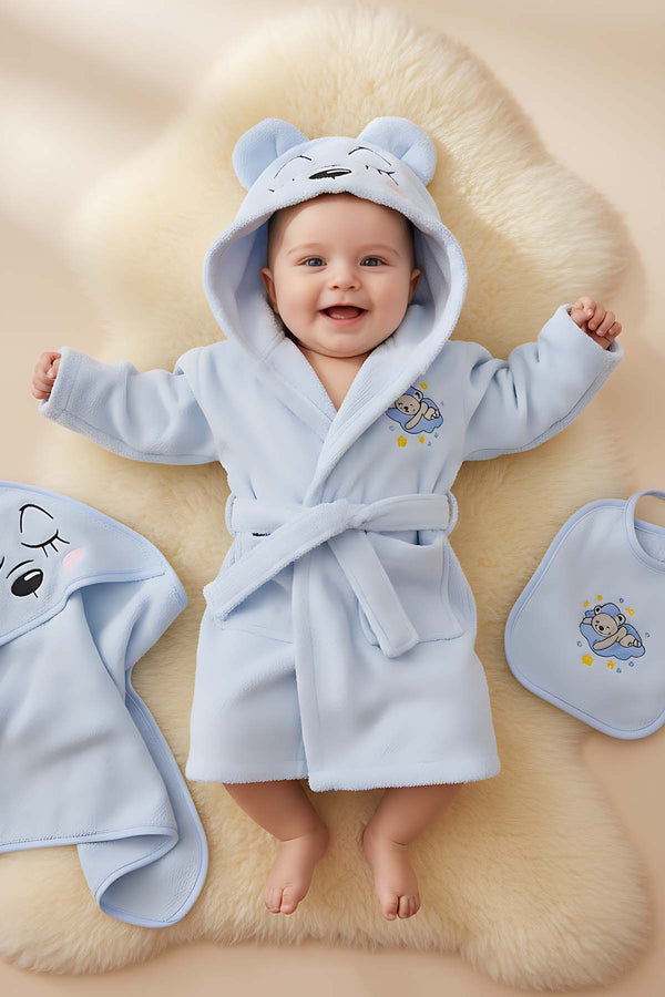 Bear Blue 100% Cotton Baby Bath Set – 3 Piece Hooded Robe, Swaddle & Bib