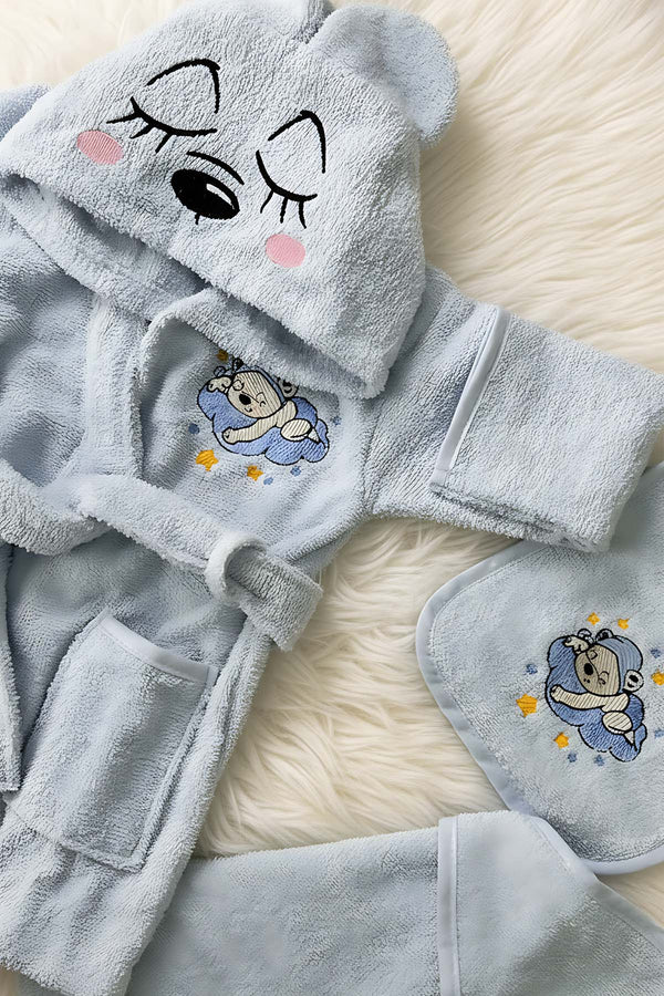 Bear Blue 100% Cotton Baby Bath Set – 3 Piece Hooded Robe, Swaddle & Bib