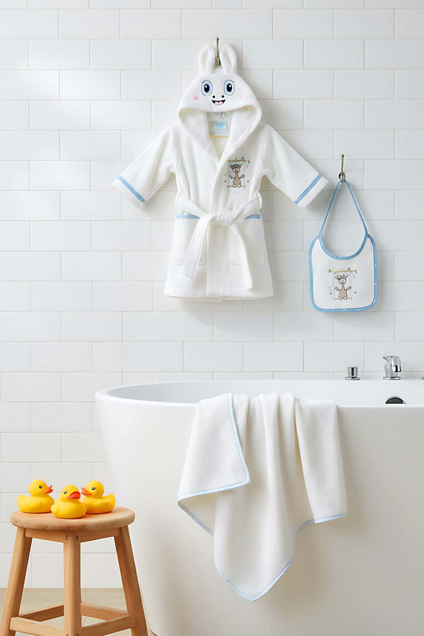 Giraffe Cream 100% Cotton Baby Bath Set – 3 Piece Hooded Robe, Swaddle & Bib