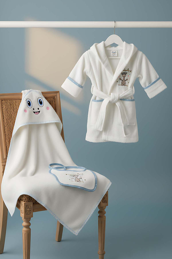 Giraffe Cream 100% Cotton Baby Bath Set – 3 Piece Hooded Robe, Swaddle & Bib