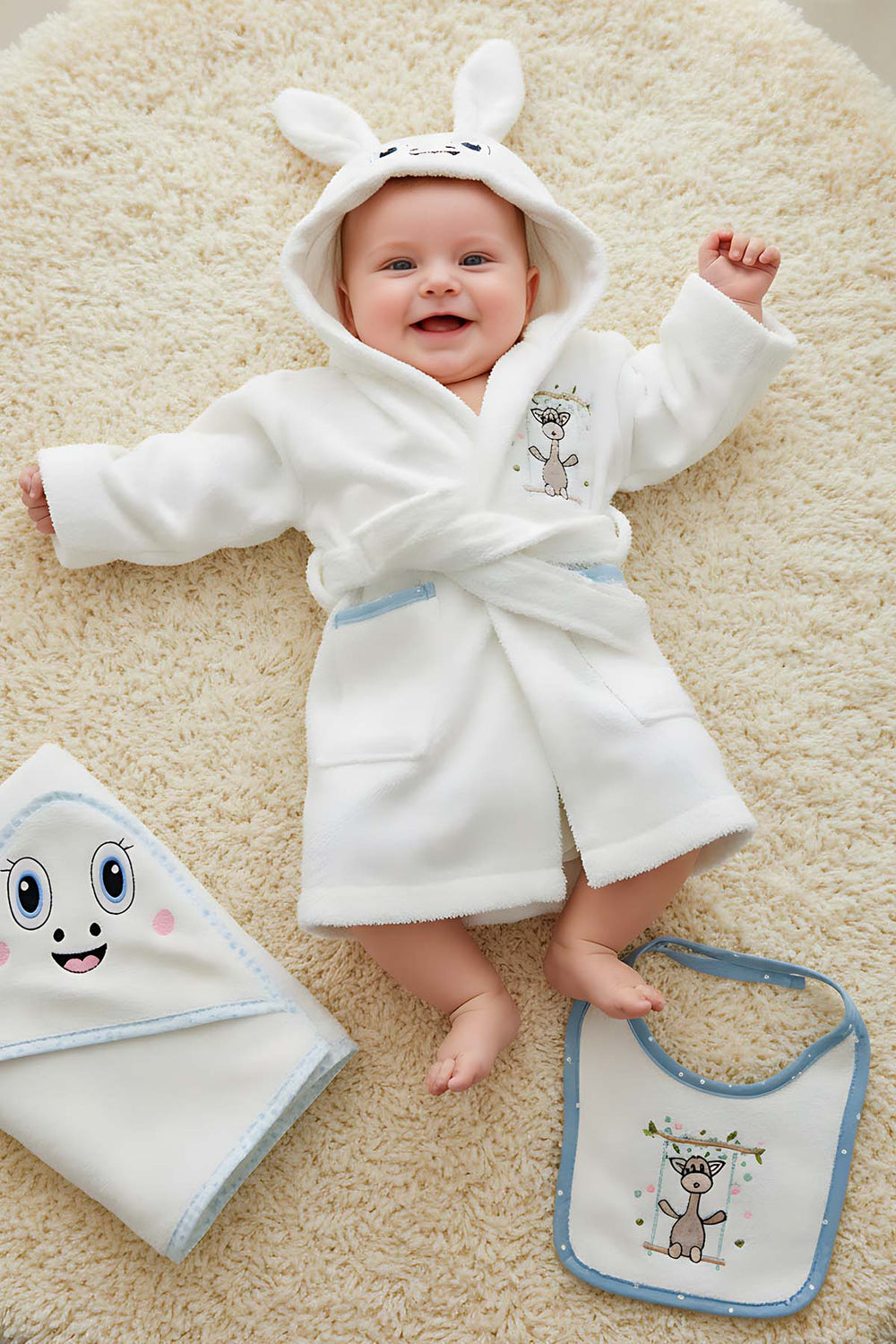 Giraffe Cream 100% Cotton Baby Bath Set – 3 Piece Hooded Robe, Swaddle & Bib