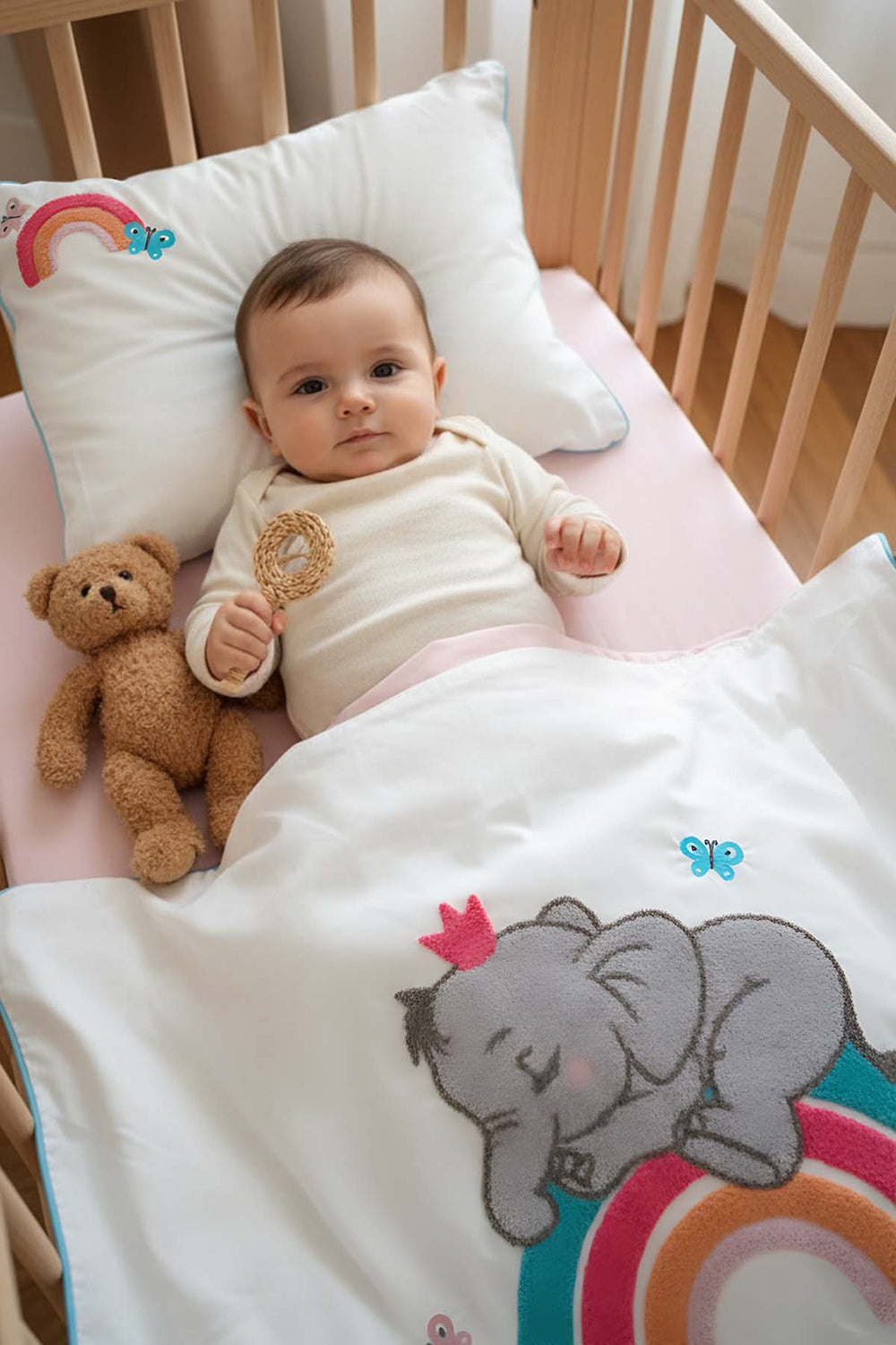 Lucky Pink Punch Embroidered Cotton Baby Duvet Cover Set