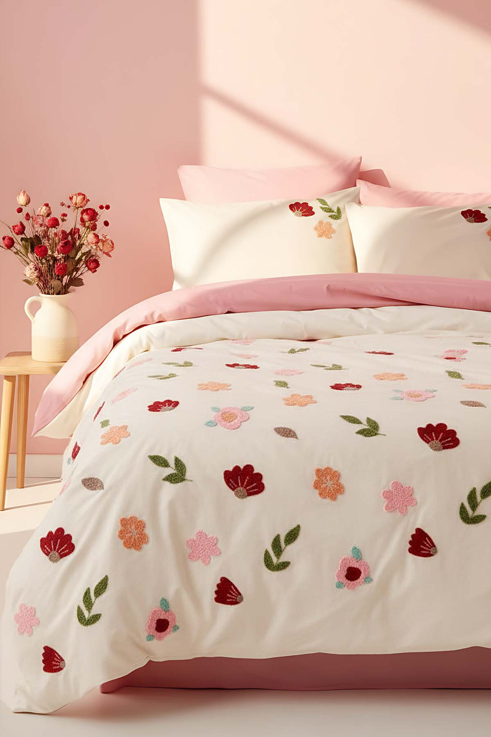 Puff Embroidered Blossom Salmon Double Cotton Duvet Cover Set – 6-Piece Dowry Set