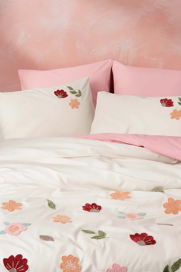 Puff Embroidered Blossom Salmon Double Cotton Duvet Cover Set – 6-Piece Dowry Set