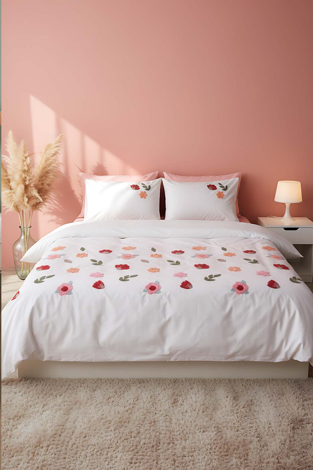 Puff Embroidered Blossom Salmon Double Cotton Duvet Cover Set – 6-Piece Dowry Set
