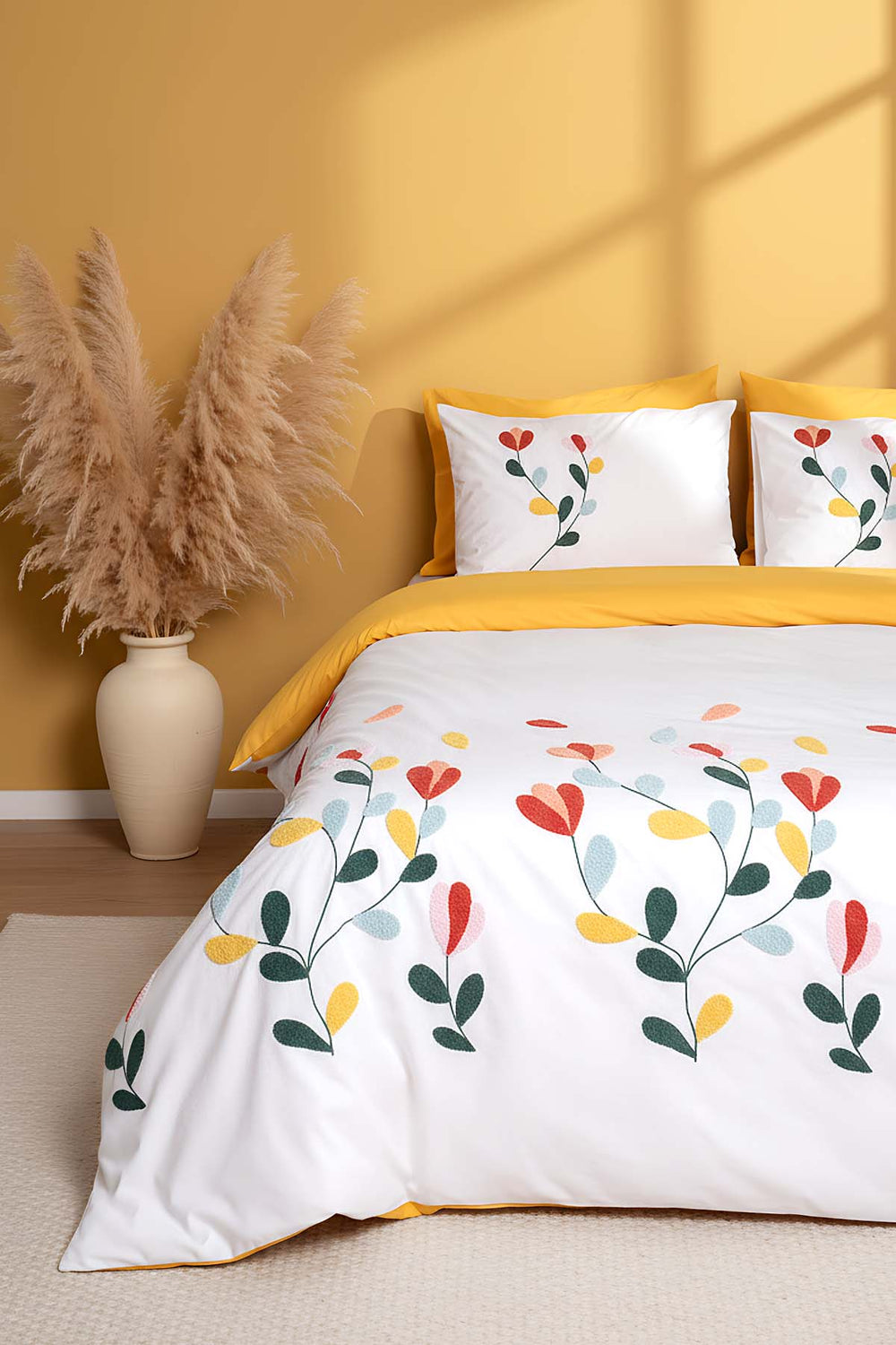 Puff Embroidered Nella Mustard Double Cotton Duvet Cover Set – 6-Piece Dowry Set