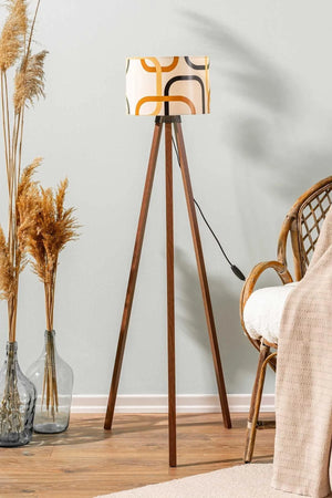 Abstract Cream Cylindrical Shade Wooden Tripod Floor Lamp