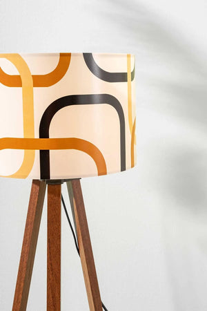 Abstract Cream Cylindrical Shade Wooden Tripod Floor Lamp