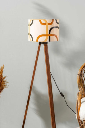 Abstract Cream Cylindrical Shade Wooden Tripod Floor Lamp